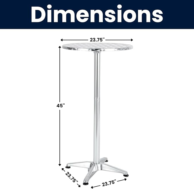 BTEXPERT Set of 2, Aluminum Indoor Outdoor 23.75" Round Restaurant Bar Height 45" Table flip top, Patio Stainless Steel Silver Furniture 25.75" Base