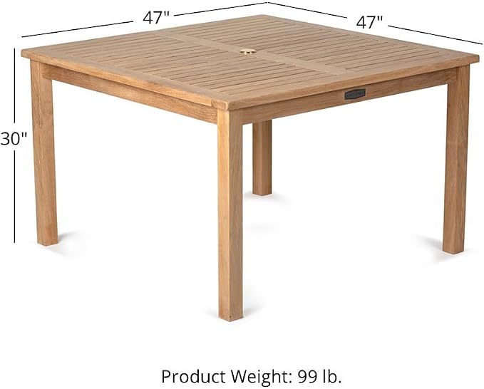 TITAN GREAT OUTDOORS Ash & Ember Sandhill Square 47" Outdoor Table, All-Weather Solid Wood Patio Furniture Made with Premium Grade A Teak Wood, Umbrella Hole Included