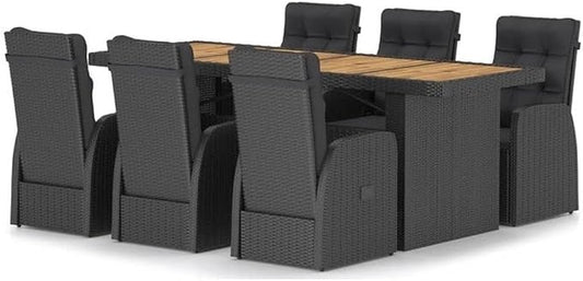 Afuera Living Contemporary Outdoor Dining Set, Black/Natural Wood Finish, Rectangular Acacia Table with Powder-Coated Rattan, Cushioned Reclining Chairs, Outdoor Patio Furniture for Garden or Porch,