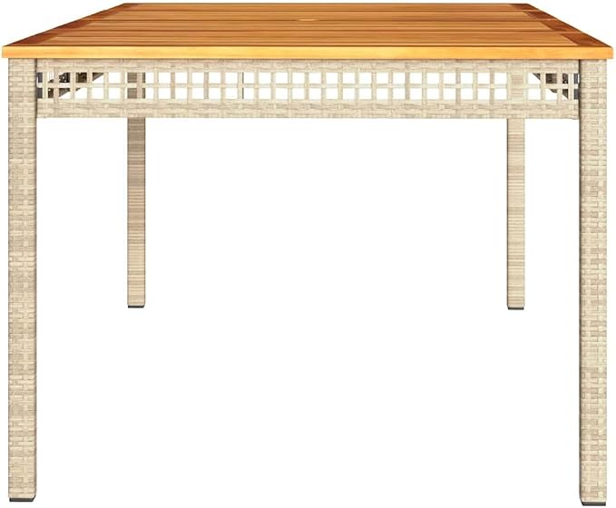 Beige Patio Table 70.9"x35.4"x29.5" with Acacia Wood Top and Poly Rattan Base for Garden, Backyard