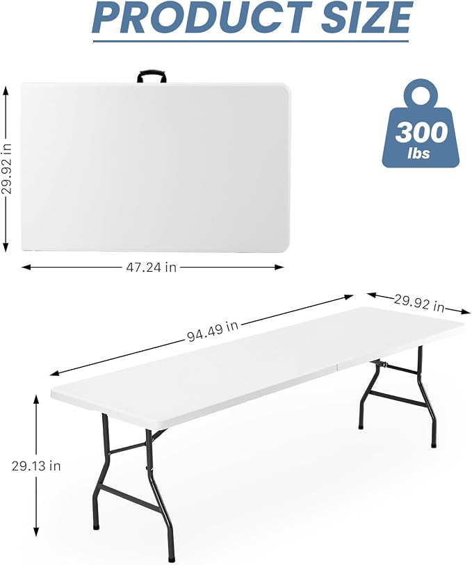 Sweetcrispy 8 FT Folding Picnic Table with 10 White Folding Chairs, Easy to Fold and Store, Foldable Table for Camping Picnic Dining Party Kitchen Outdoor Indoor with Carrying Handle