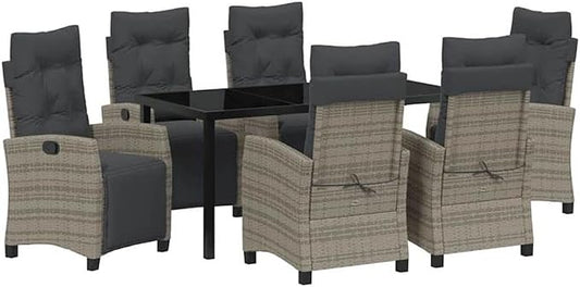 Afuera Living 7 Piece Poly Rattan Patio Dining Set, Gray Woven Texture, Glass-Topped Table, Steel Frame, Cushioned Chairs with Adjustable Backrests, Modern Outdoor Furniture for Garden or Terrace