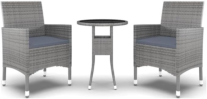 Afuera Living 3 Piece Garden Dining Set, Gray Poly Rattan, Tempered Glass Table, Cushioned Chairs, Compact and Durable Outdoor Patio Furniture for Small Gatherings