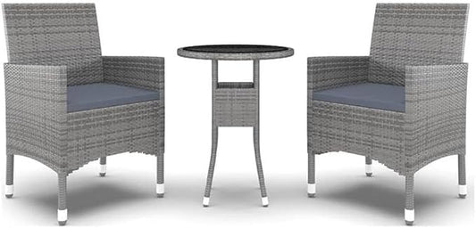 Afuera Living 3 Piece Garden Dining Set, Gray Poly Rattan, Tempered Glass Table, Cushioned Chairs, Compact and Durable Outdoor Patio Furniture for Small Gatherings