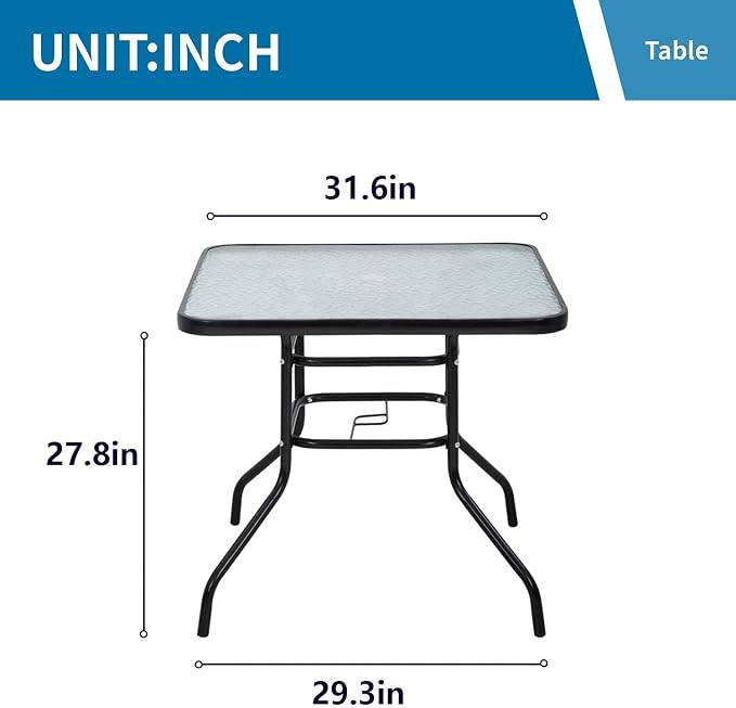 Outdoor Patio Table with Umbrella Hole, 32 inches Tempered Glass Top Square Patio Table,Conversation Coffee Table Metal Steel Frame All-Weather Furniture for Balcony, Backyard and Poolside