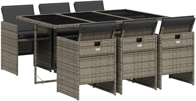 7 Piece Patio Dining Set with Cushions Gray Poly Rattan, Outdoor Table and 6 Chairs with Foldable Backrest, Tempered Glass Top, Removable Washable Cushion Covers for Garden Backyard Deck Entertaining