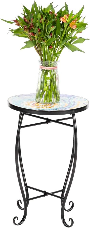 Mosaic Outdoor Side Table, 14inch Round Small Patio Accent Table Ottoman Mosaic Bistro Table Indoor End Table for Yard, Garden, Living Room, Bistro Balcony or Lawn (Sun, 14'')