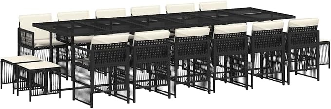 17 Piece Garden Dining Set, Black Patio Table and Chairs for 16 People, Outdoor Poly Rattan Dining Furniture for Backyard and Terrace, 41.7 x 129.9 x 28.7 Inches