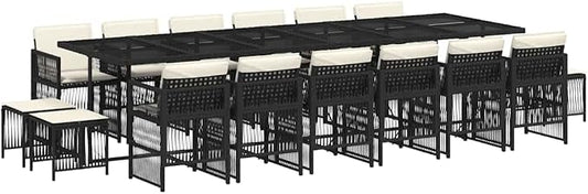 17 Piece Garden Dining Set Black Cream White | Poly Rattan, Powder-Coated Steel, Outdoor Patio Furniture, Family Meals