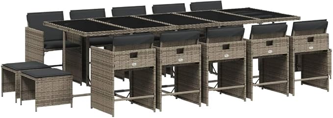 15 Piece Patio Dining Set, 14-Seater Outdoor Rattan Furniture with Cushions, Foldable Chairs & Stools, Gray PE Wicker Garden Table Set