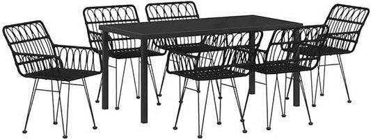 Afuera Living 7 Piece Rectangular Poly Rattan Garden Dining Set, Black Powder-Coated Finish, UV-Resistant, Sturdy Steel Frame, Modern Outdoor Patio Furniture, Seating for 6, Weather-Resistant