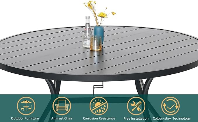Anmutig 7-Piece Outdoor Dining Set, 48'' Round Table with 6 Stackable Chairs All Weather Furniture Set - Beige Grey
