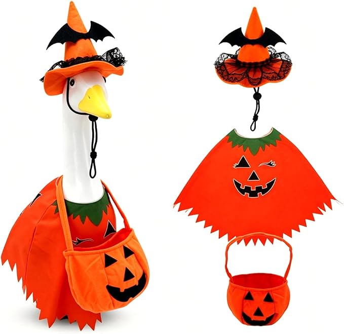 STONESTAR Halloween Porch Goose Outfits for 23'' Lawn Geese Statue Goose Costume with Witch Hat Pumpkin Outfits Candy Treat Bag, Outdoor Garden Goose Decor for Patio Yard Lawn Art Halloween Ornament