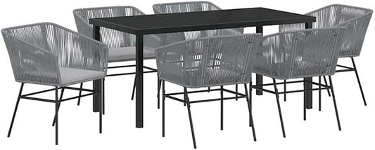 Afuera Living 7-Piece Powder-Coated Steel Patio Dining Set, Gray Finish, Includes Cushions, Rectangular Table with Tempered Glass Top, Modern Outdoor Furniture for Garden, Balcony, or Terrace Dining