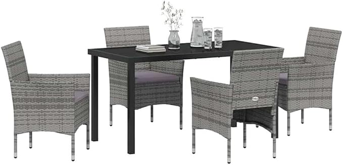 Afuera Living 5 Piece Poly Rattan Patio Dining Set, Gray Finish, Weather-Resistant Cushions, Powder-Coated Steel Frame, Tempered Glass Tabletop, Seating for 4, Modern Outdoor Furniture for Backyard