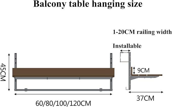 Outdoor Balcony Bar Railing Hanging Table,Multifunctional Leisure,Wall-Mounted Side,Folding Wall Desk Adjustable Deck Coffee Patio Garden Dining Room Furniture Table, 60x37cm/23.6x14.56inch
