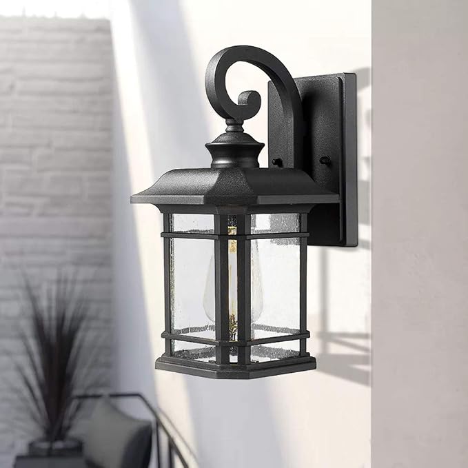 Emliviar Outdoor Wall Lights for House, 1-Light Exterior Wall Sconce Black Finish with Clear Seeded Glass, 17" Height, 22021M