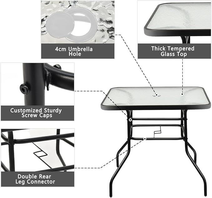 32in Outdoor Table Patio Dining Table Outdoor Dining Table with Umbrella Hole Square Tempered Glass for Yard Bistro Lawn Balcony (Black, Square 31x31x28in)