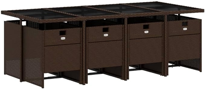 9 Piece Patio Dining Set with Cushions Brown Poly Rattan Outdoor Table and 8 Folding Chairs for Garden Backyard Porch Tempered Glass Top UV Proof