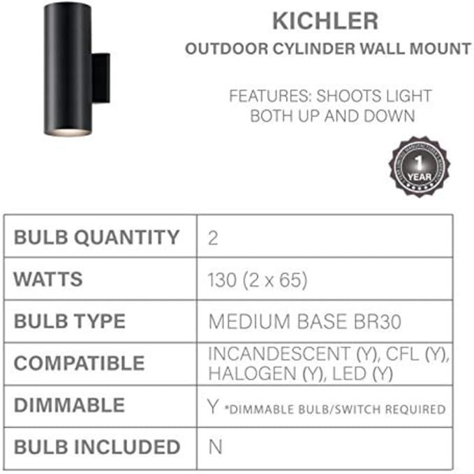 Kichler Cylinders 12" Outdoor Wall Sconce in Black, 2-Light Exterior Wall Light, Cylinder Fixture, (12" H x 5" W) , 9244BK