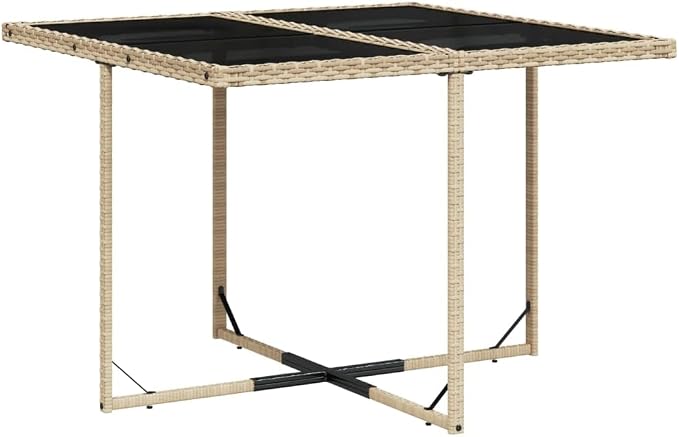 9 Piece Patio Dining Set with Cushions Beige Poly Rattan Outdoor Furniture Table Chairs Stools Foldable Space Saving Tempered Glass Top UV Proof for Garden Backyard Porch
