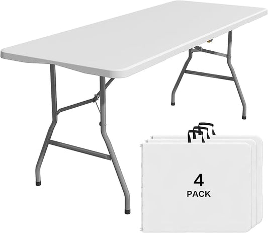 4PK Folding Table, 6FT Portable Plastic Folding Table, Foldable Dining Tables with Carrying Handle for Party, Picnic, Camping, Easy to Fold and Storage, for Indoor or Outdoor Use