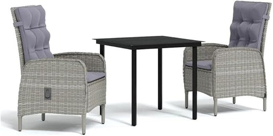 BOWERY HILL 3-Piece Outdoor Patio Dining Set, Powder-Coated Steel & PE Rattan, Gray & Black Finish, Weather-Resistant, Compact Square Table with Ergonomic Chairs for Terrace or Garden, Seating for 2