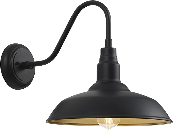 14in Dome Large Outdoor Barn Lights, Black Exterior with Gold Interior Gooseneck Light Fixture, Outside Wall Mount Industrial Sconce for Porch Farmhouse Garage Front Door Patio Entryway
