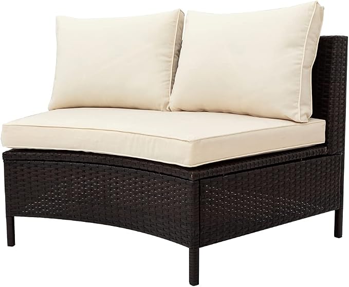 5-Piece Half Moon Outdoor Sectional Sofa Set, Patio All-Weather PE Wicker Furniture with Pillows, Cushions and Half-Moon Tempered Glass Table,Beige