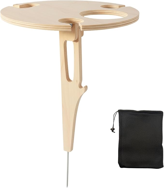 Portable Outdoor Wine Table with Removable Round Wooden Wine Rack, Ground Fixing Design, Comes with Storage Bag, Small Picnic Table for Wine Lovers, Ideal for Garden Lawn Beach, Easy to Carry & Store