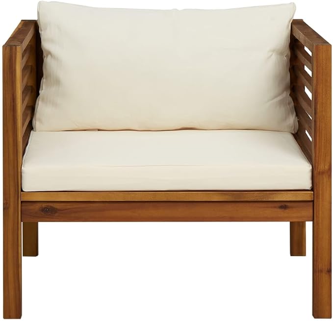 Patio Armchair with Cream White Cushions, Solid Acacia Wood Chair, Wooden Patio Chair Outside Chair Outdoor Dining Chair Patio Club Chair with Armrest for Porch, Deck, Backyard,-433
