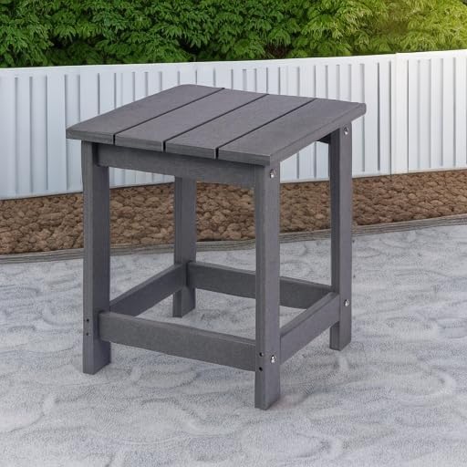 LZRS Patio End Table, Heavy Duty HDPE Outdoor Coffee Table with Wood Texture, Weatherproof Composite Table for Adirondack Chairs, Deck, Pool, Indoor/Outdoor, No Peeling or Cracking(Grey)