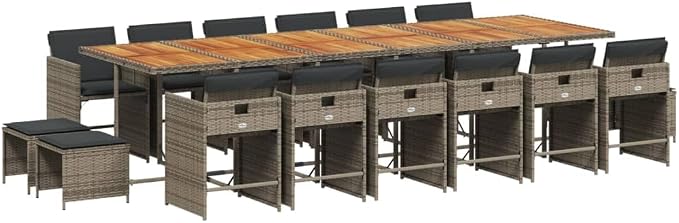 17 Piece Patio Dining Set with Cushions Gray Poly Rattan Outdoor Furniture Table and 12 Chairs for Garden Backyard Porch Acacia Wood Top Space Saving Foldable Design UV Proof