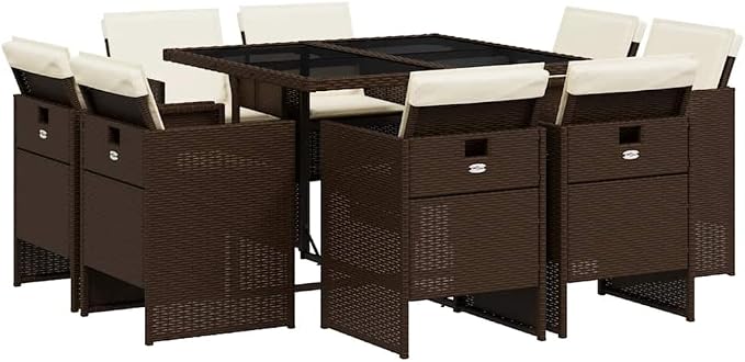9 Piece Patio Dining Set with Cushions Brown Poly Rattan Outdoor Furniture Table Chairs for Garden Backyard Deck, Folding Chairs with Washable Cushions, Tempered Glass Table, 8 Seats