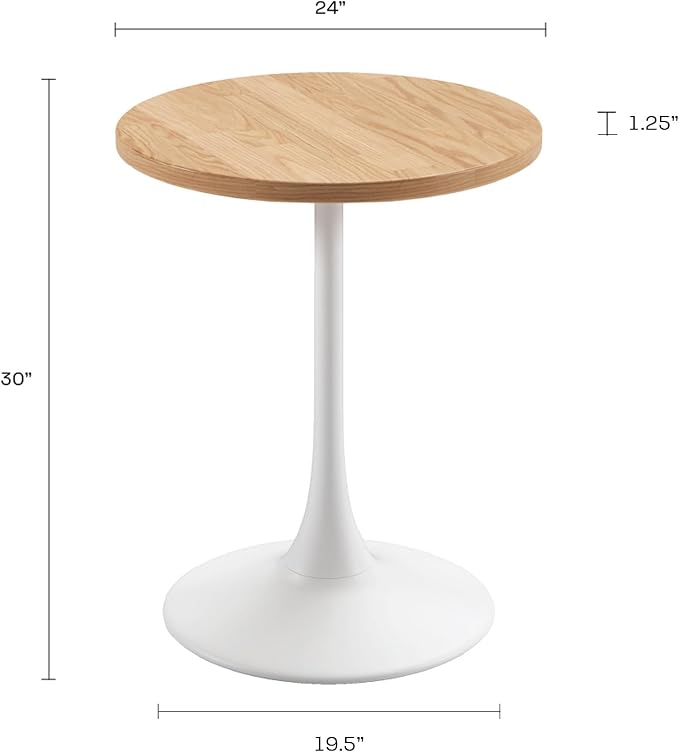 Jamesdar, Elise, Round Heavy Duty Commercial Bistro Table for Indoor Outdoor Restaurant & Café Dining, Solid Oak Top, Steel Base, 300 lb Capacity, 24" D x 30" H, White
