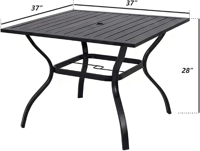 Square Metal Steel Slat Patio Dining Table for 4 Persons, Outdoor Bistro Table with Umbrella Hole, Rust-Resistant Finish for Backyard Garden