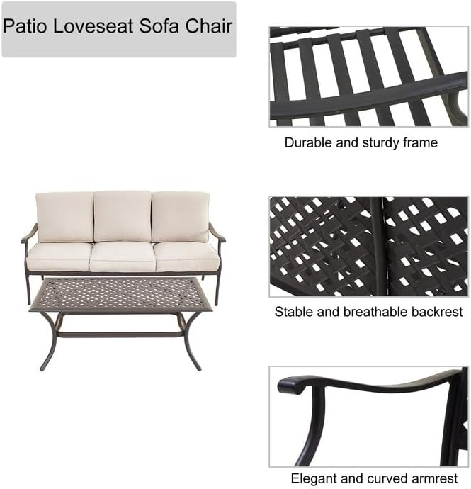 LOKATSE HOME 3 Seat Metal Patio Loveseat Bench Outdoor Furniture Bistro Set with Coffee Table for Lawn Front Porch Garden Yard or Poolside, Beige