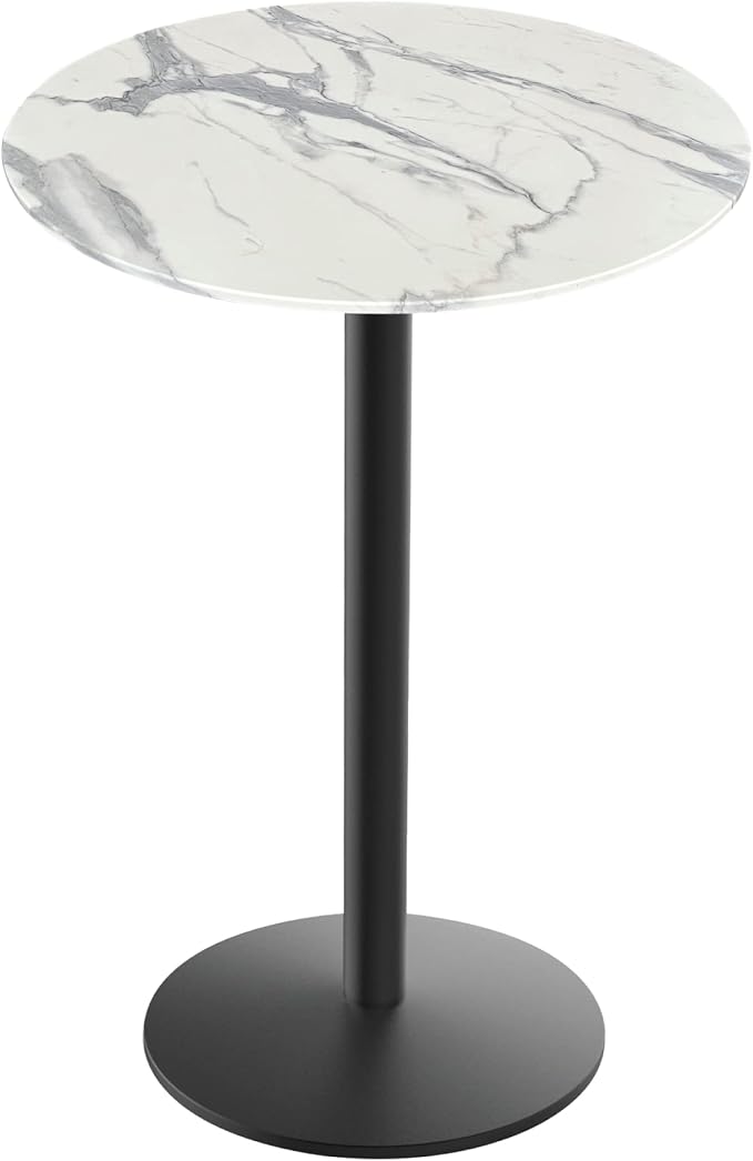 Holland Bar Stool Co. 42" Tall OD214 Indoor/Outdoor All-Season Black Wrinkle Table with 32" Diameter White Marble EuroSlim Top