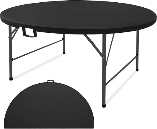 5 FT Round Folding Tables with Carrying Handle 60 inch Heavy Duty Portable Plastic Commercial Table Steel Legs for Party, Dining, Wedding, Events, Picnic Indoor, Outdoor (Black,1 Pack)