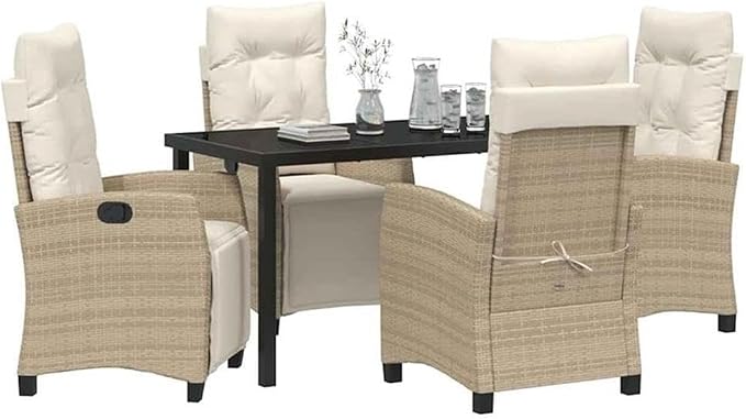 Afuera Living 5 Piece Poly Rattan Garden Dining Set, Beige Cushions, Glass-Topped Table with Steel Legs, Adjustable Backrest Chairs, Comfortable Outdoor Patio Furniture for Garden or Terrace Use