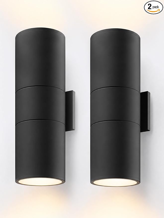 LEONLITE 2-Pack 22" Outdoor Cylinder Wall Light, Up and Down, E26 Base | Modern Porch Patio Lights, Waterproof Wall Sconce, Exterior Light Fixture Wall Mount, Aluminum, Matte Black, ETL Listed