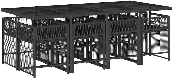 9 Piece Garden Dining Set, Black Poly Rattan Patio Furniture with 8 High-Back Chairs and Large Rectangular Table, Outdoor Dining Table Set for Backyard, Garden, and Balcony