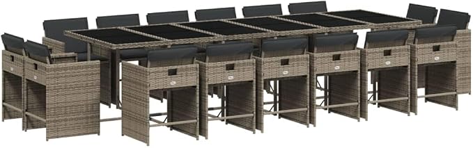 17-Piece Outdoor Patio Dining Set, PE Rattan Garden Table and 16 Foldable Chairs with Padded Cushions, Grey Weather-Resistant Furniture for Backyard and Deck