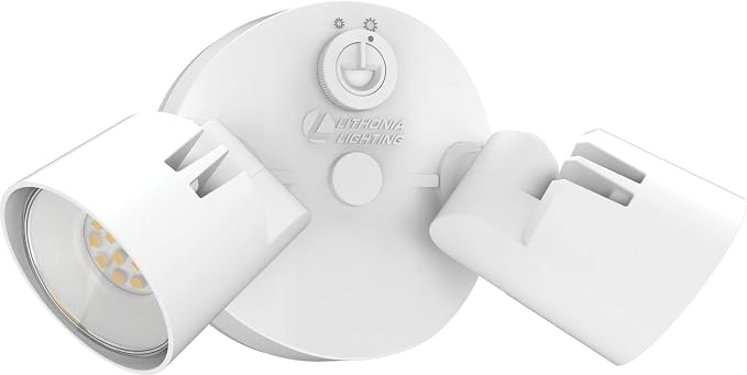 Lithonia Lighting HomeGuard 2-Light LED Outdoor Flood Lights, Dusk to Dawn | White Outdoor LED Lights, Adjustable Lumens, 4000K Cool White, Round Heads (HGX LED 2RH ALO 40K 120 PE WH M2)