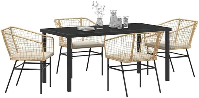 Afuera Living 5 Piece Poly Rattan Patio Dining Set, Brown Finish, Durable Powder-Coated Steel Frame, Easy-Clean Glass Tabletop, UV-Resistant, Outdoor Garden Furniture for 4-Person Seating