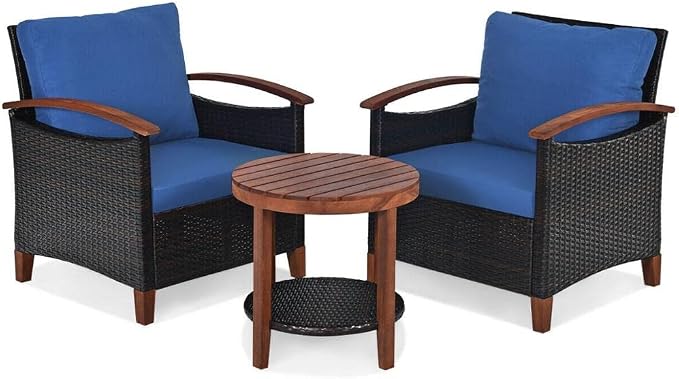 3PCS Patio Rattan Furniture Set Solid Wood Frame Cushion Sofa Round Table Shelf Seat Cushion (Color : A) (B)