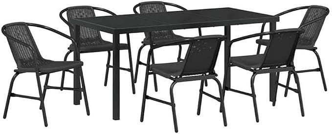 Afuera Living 7 Piece Poly Rattan Garden Dining Set, Black Powder-Coated Steel Frame, Tempered Glass Tabletop, Modern Outdoor Patio Dining Furniture for 6, Easy Assembly, Weather-Resistant