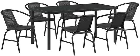 Afuera Living 7 Piece Poly Rattan Garden Dining Set, Black Powder-Coated Steel Frame, Tempered Glass Tabletop, Modern Outdoor Patio Dining Furniture for 6, Easy Assembly, Weather-Resistant