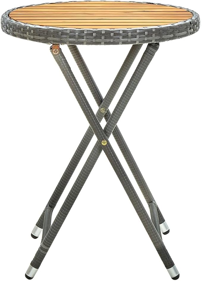 Gray 23.6" Poly Rattan and Solid Acacia Wood Folding Tea Table for Garden Patio, 4-Piece Outdoor Furniture Set with Powder-Coated Steel Frame and UV Protection
