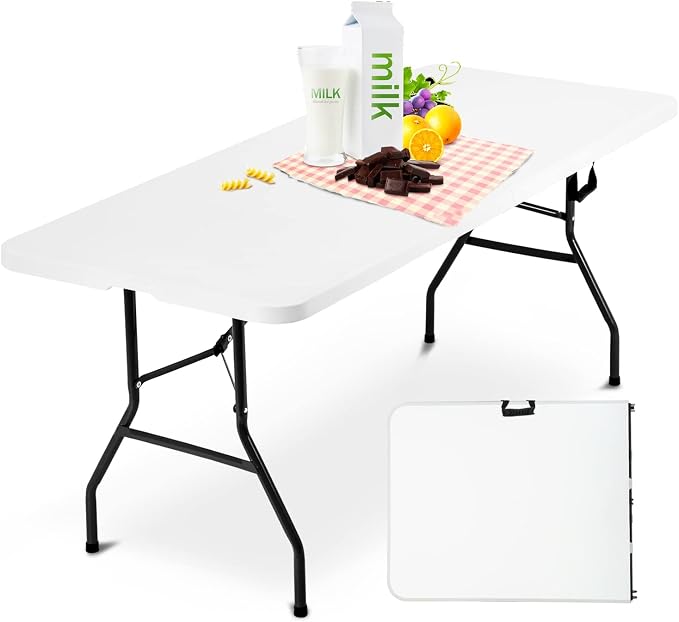 HCY 6 ft Folding Portable Table - White, Modern Design - Picnic, BBQ, Dining, Camping, Wedding - 500 lbs Capacity - Easy to Clean, Indoor/Outdoor Use